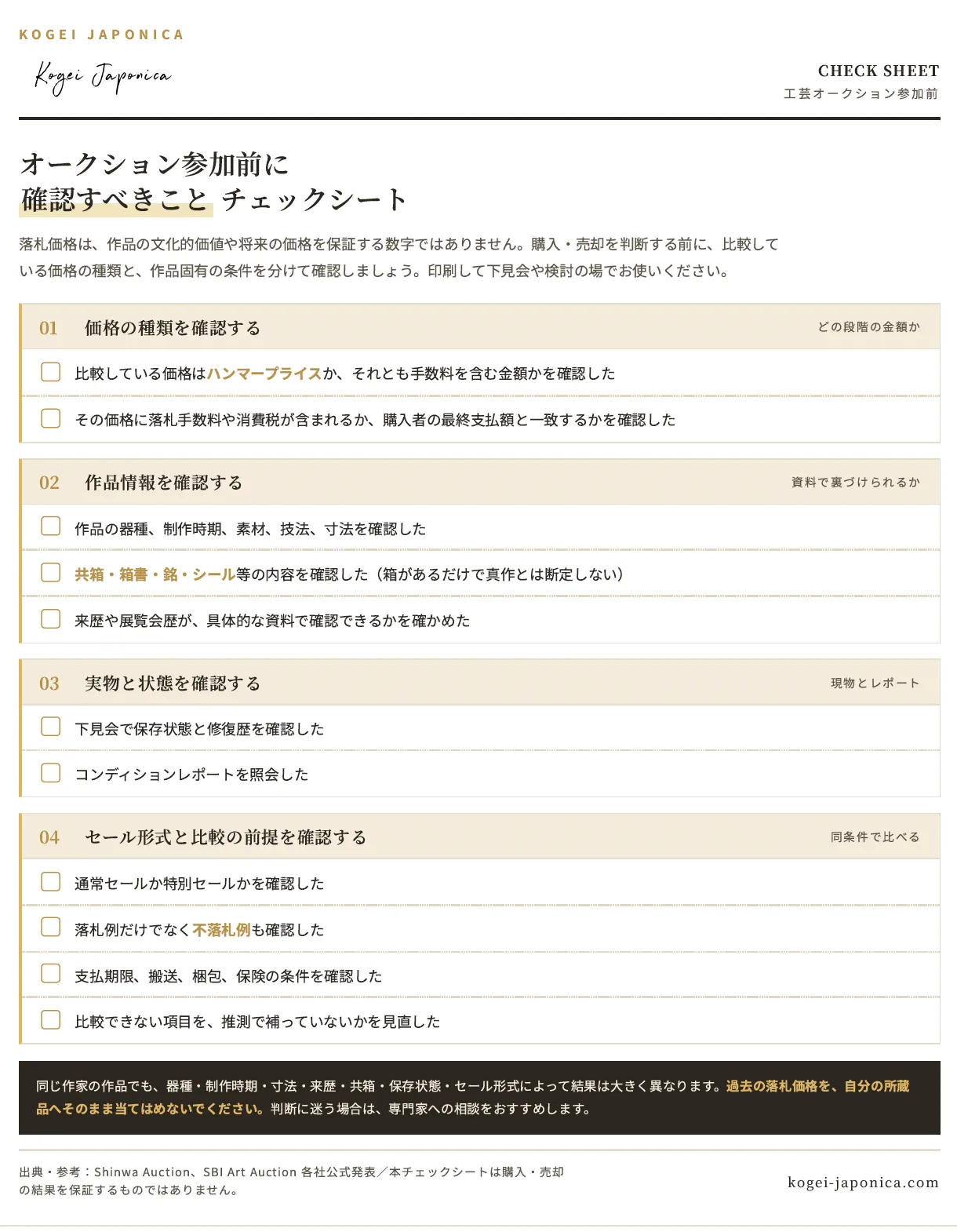 工芸オークション参加前チェックシート