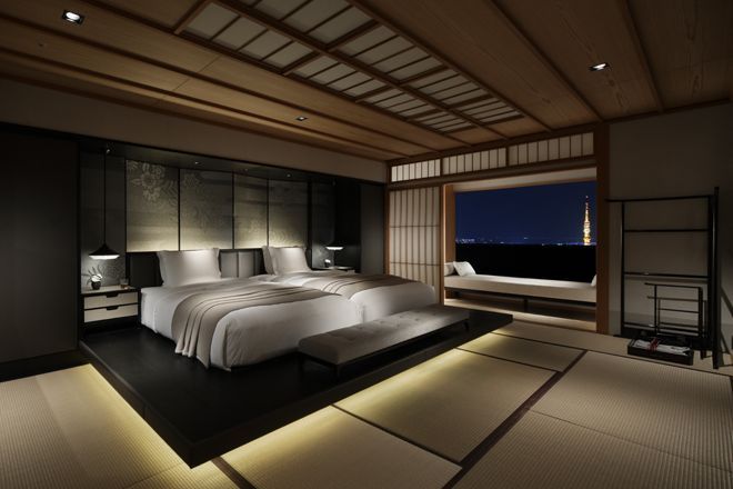 Interior expressing Japanese traditional techniques modernly including headboard imaging mist-floating grass flower pattern in Kyo Yuzen artist hand-painted fusuma paintings and Nishijin weaving