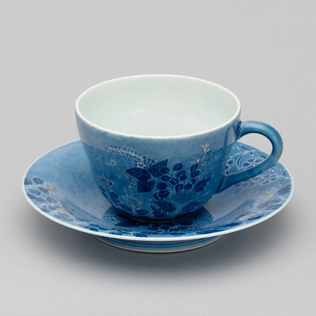 Coffee Cup and Saucer with Aki-Kusa Design in Overglaze Enamel, Underglaze Sprayed Ink, and Sumi-Hajiki