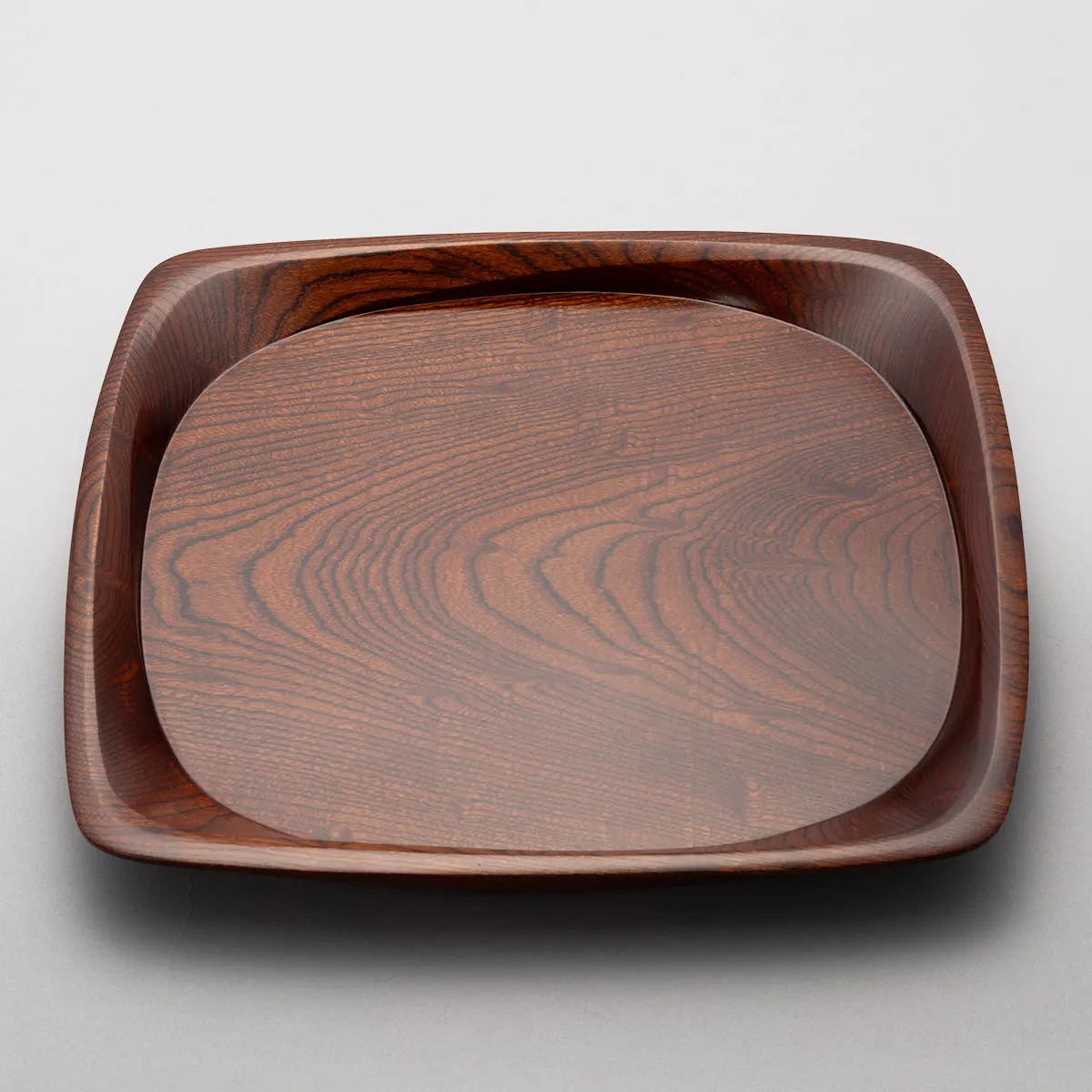 Square Circle Tray of Zelkova Wood with Wipe-Lacquer Finish