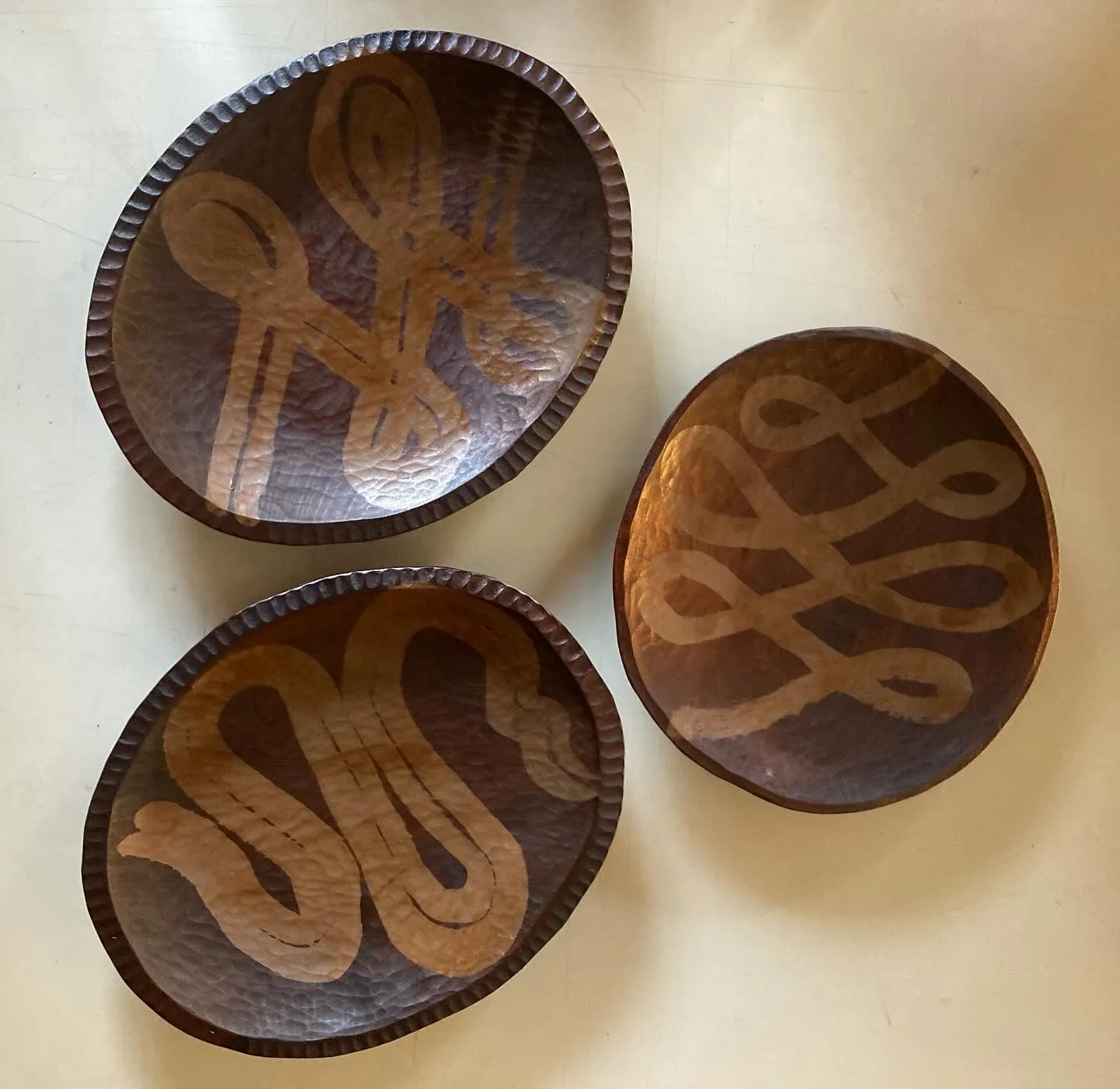 Hand-carved plates, lacquer finish with a slipware-like expression