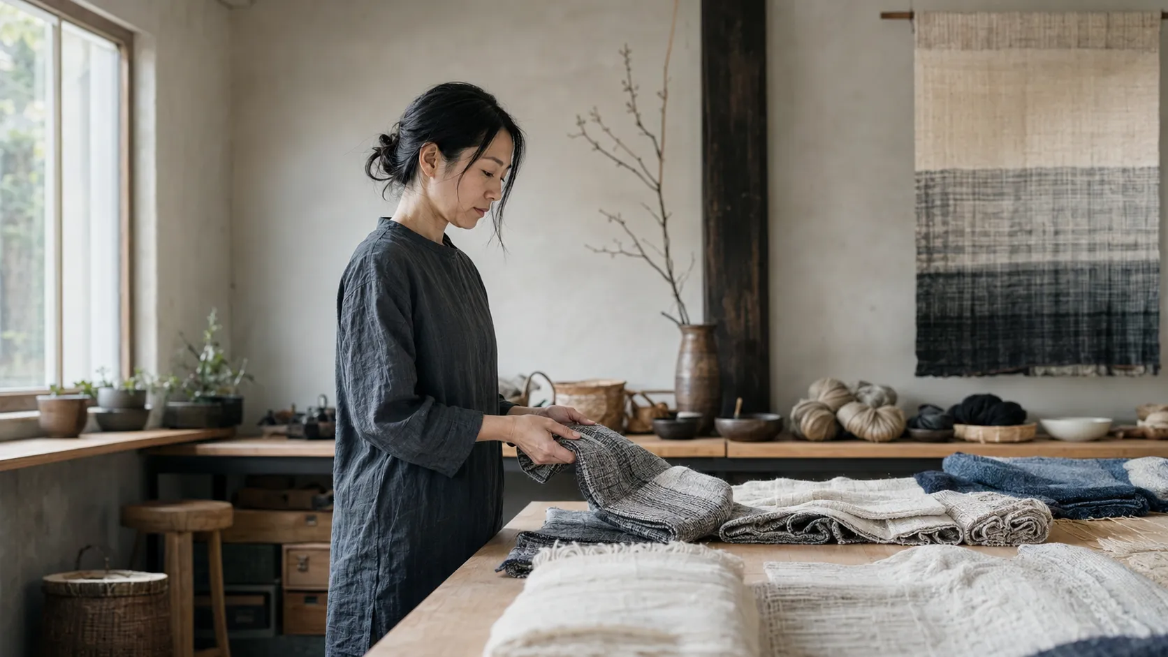 素材と作品を手にする工芸作家