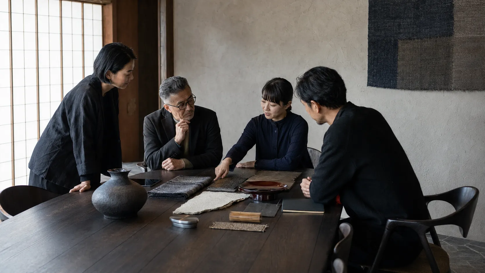 Business, regional, and distribution partners discussing collaboration around craft objects and materials