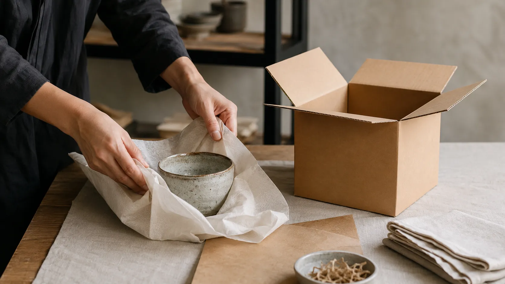 工芸品を購入者へ届けるため丁寧に梱包する様子