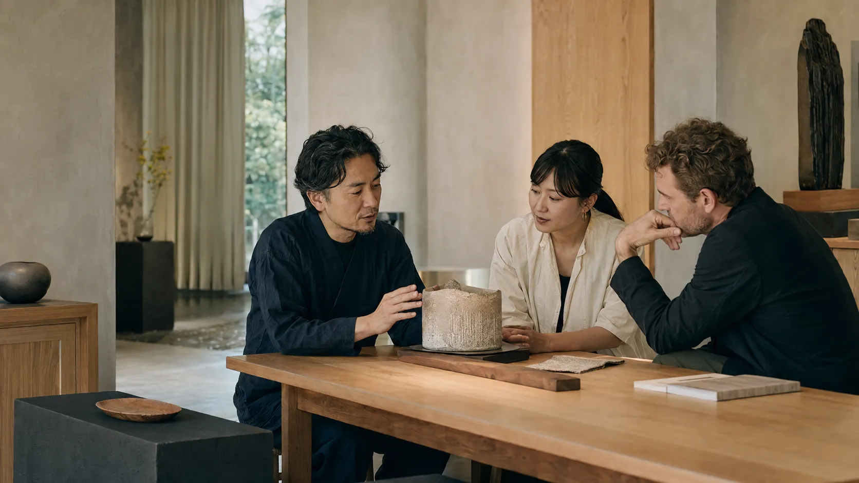 工芸作品を囲んで対話する作家と企画担当者