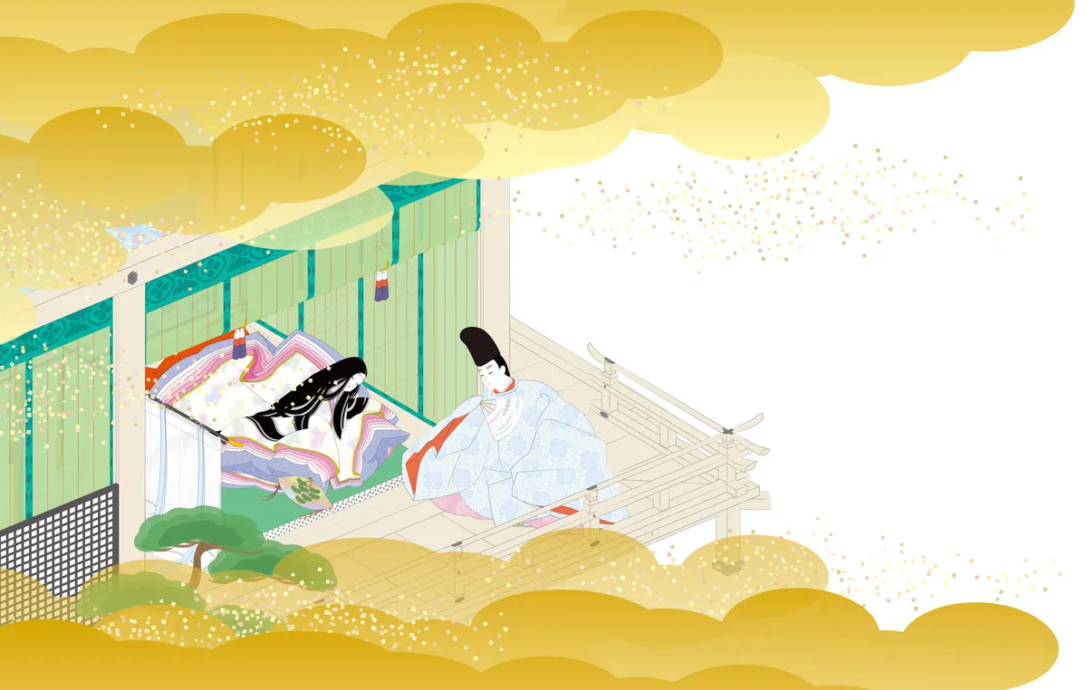 Illustration of a man and woman in Heian-period clothing beside a traditional building